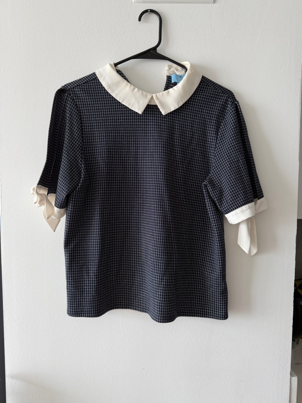 CeCe Black and Cream Grid Blouse with Peter Pan Collar